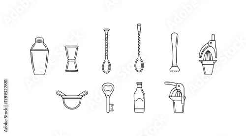 Collection of bar tools and cocktail shaker in a distinctive silhouette style