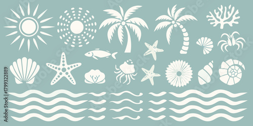 Collection of white beach and ocean icons on a light blue background