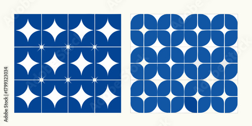 Two distinct geometric patterns featuring white starbursts and rounded shapes on a blue background