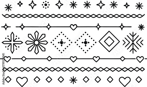 Decorative line art icons and dividers with geometric shapes and stars