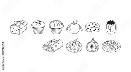 Collection of hand drawn dessert and fruit silhouettes in black and white silhouette