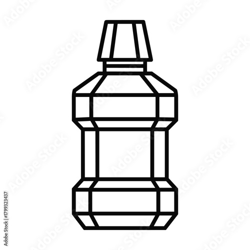 Clean line art illustration of a plastic bottle containing mouthwash with a cap and geometric faceted design