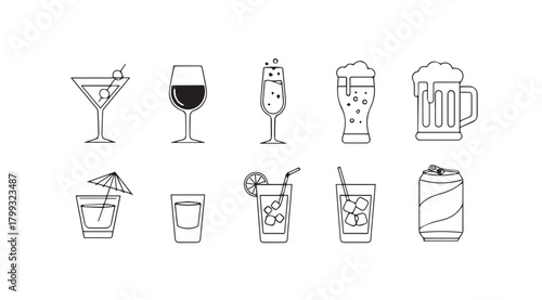 Collection of hand drawn cocktail and drink silhouettes in a minimalist style