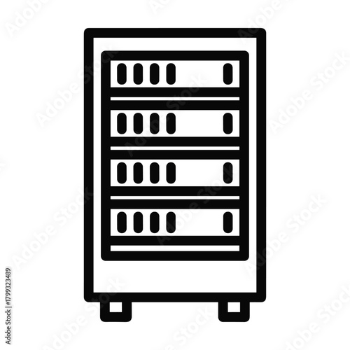 Simple outline icon of a server rack with multiple shelves filled with electronic equipment for data storage and processing