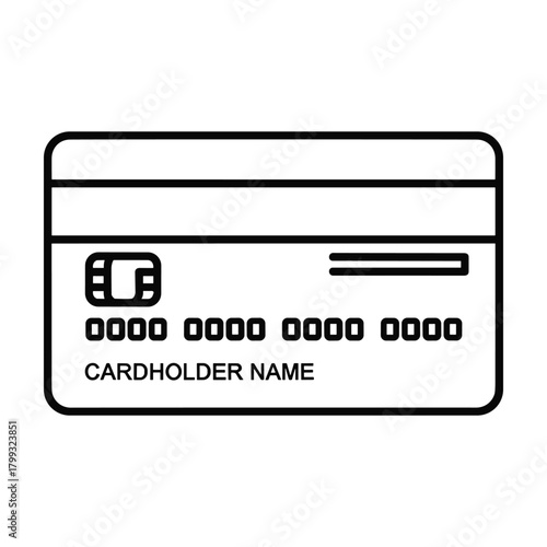 Simple outline icon of a credit card with chip and cardholder name placeholder for payment and finance concepts