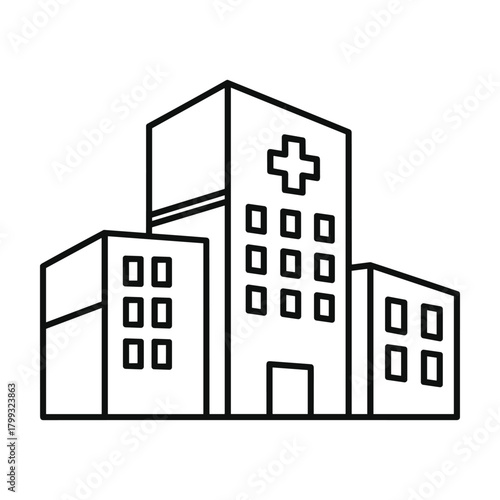 Simple outline drawing of a modern hospital building with a cross symbol on top for medical services