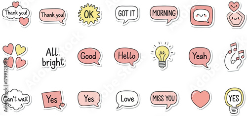 Illustration of collection of hand drawn speech bubbles with cute messages vector illustration
