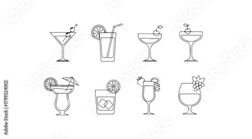 Collection of eight different cocktail glasses in a sketchy silhouette style