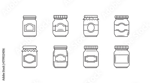 Collection of eight different glass jar silhouettes with labels for preserves and food storage silhouette