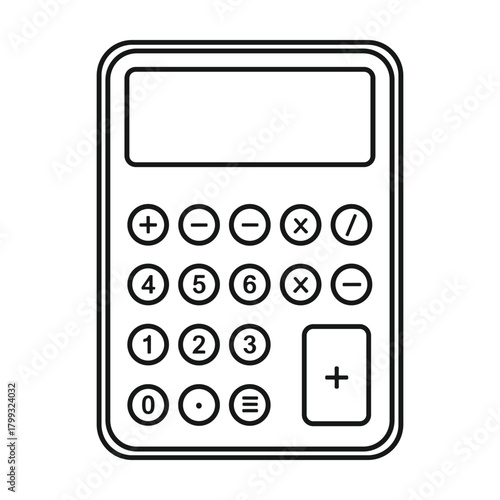 Simple black and white outline drawing of a basic calculator with a large display and numeric keypad for calculations