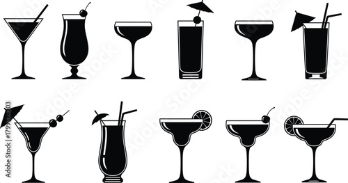 Illustration of collection of black silhouette cocktail glasses isolated on, showcasing a variety of alcoholic beverages for bars and restaurants