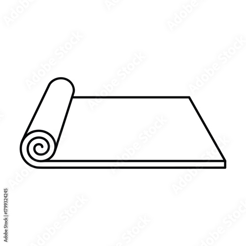 Simple outline drawing of a rolled up yoga mat partially unrolled on a white background representing fitness and exercise