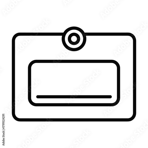 Simple line art illustration of a blank rectangular name tag or badge with a circular clip at the top for identification