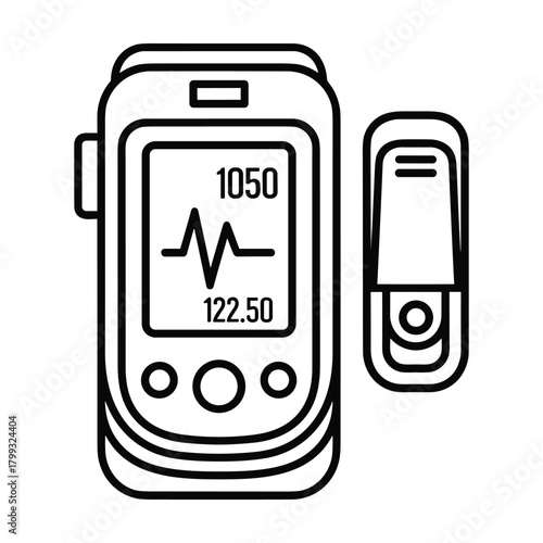 Clean line art illustration of a digital pulse oximeter device and finger clip sensor displaying heart rate and oxygen saturation