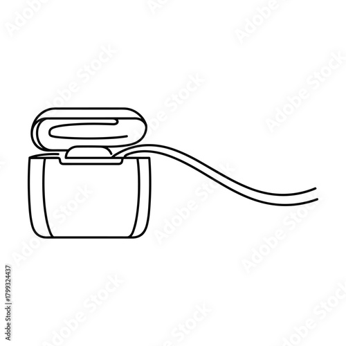 Simple line drawing illustration of an open dental floss dispenser with floss extending out for oral hygiene and dental care