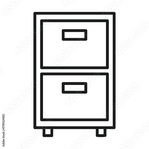 Simple outline icon of a two drawer filing cabinet with handles and small legs on a white background