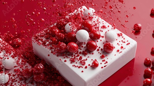 Red candy and sprinkles surrounding white gift box on festive red background for holiday theme
