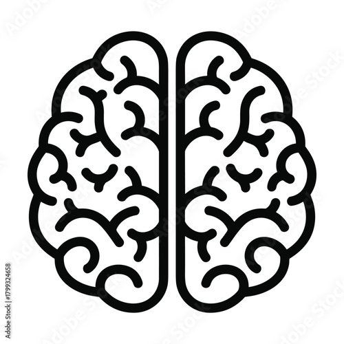 Stylized black and white illustration of a human brain seen from above with intricate swirling patterns representing neural pathways