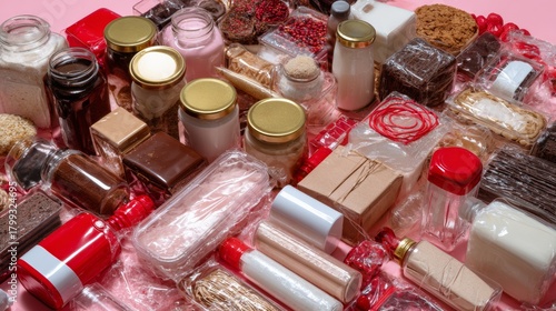 Fototapeta Naklejka Na Ścianę i Meble -  Variety of packaged spice blends and herbs in jars and pouches displayed at market stand