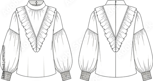 Illustration of technical drawing of a blouse isolated on front and back views of a longsleeved blouse with ruffles and elasticated cuffs fashion illustration