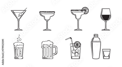 Collection of assorted alcoholic beverage glasses and barware silhouette