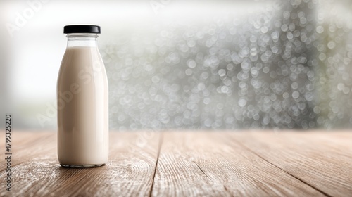 Milk bottle on wooden surface with window view and soft rainy background for farm freshness