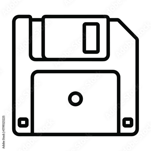 Retro floppy disk icon symbolizing data storage and old technology in a simple outline drawing