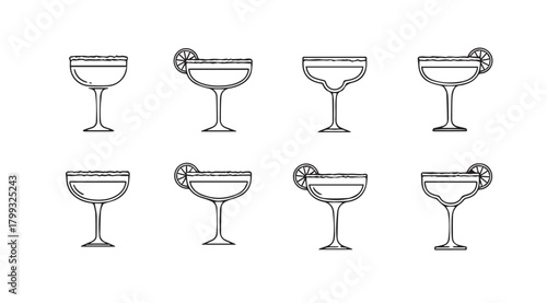 Collection of eight hand drawn cocktail glasses silhouette