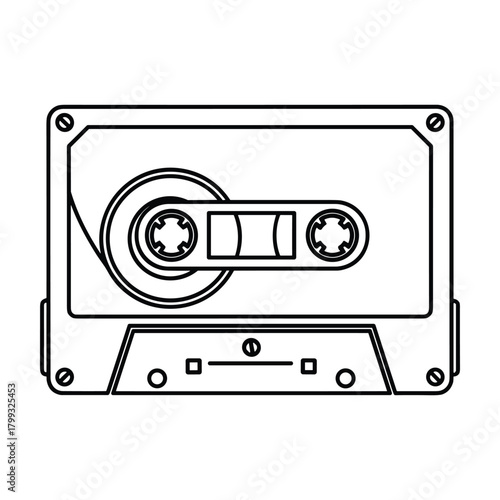 Simple hand drawn outline illustration of a vintage audio cassette tape on a white background