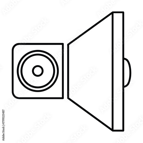 Simple line drawing icon of a square speaker and a rectangular sound wave or amplifier side view