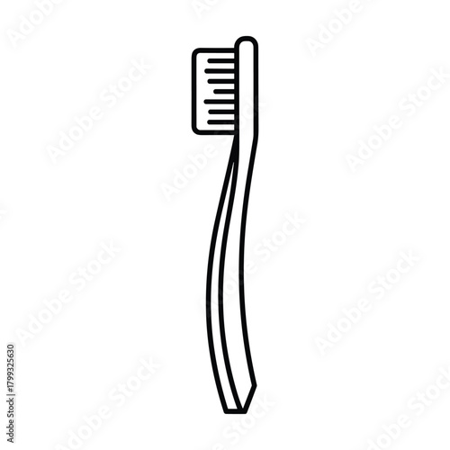 Simple line drawing of a toothbrush with bristles and a curved handle isolated on a white background