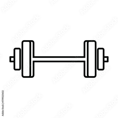 Simple black and white outline illustration of a barbell with weights on each end representing fitness and strength training