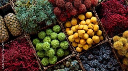 Fototapeta Naklejka Na Ścianę i Meble -  Assorted exotic tropical fruits in wooden crates arranged for colorful market display or retail background