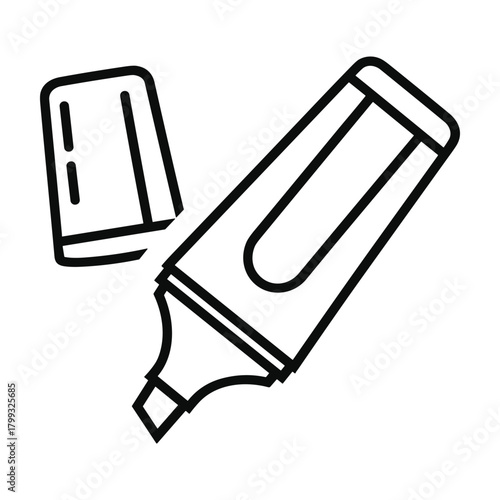 Simple hand drawn outline sketch of an open highlighter pen with its cap lying nearby on a white background
