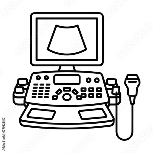 Black and white line drawing illustration of a modern ultrasound machine with a display showing a fetal ultrasound image and a probe