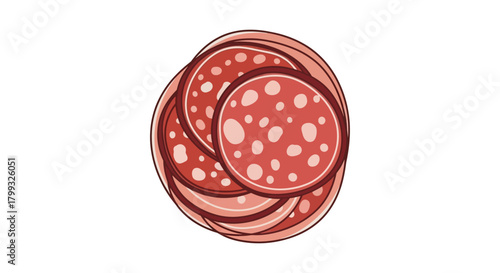 illustrated stack of thinly sliced salami showcasing white fat specks ideal for deli menus food packaging and culinary concepts.