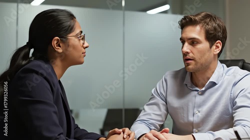 Supportive Manager Comforting Stressed Employee in Meeting Room – AI Generated