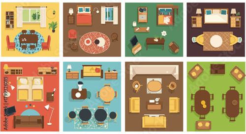 Interior design floor plans showing furniture arrangement perfect for interior designers architects or visualizing home layouts with modern household icons.