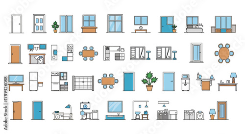 interior design elements furniture doors windows for space planning of house creating blueprint layout line art household items for architecture projects