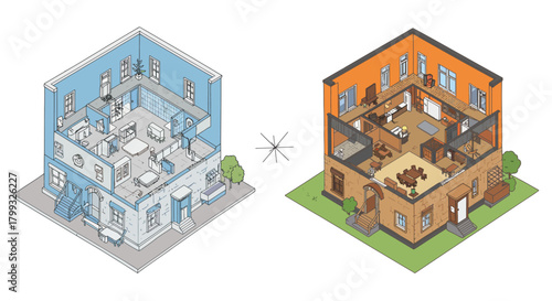 isometric architectural drawing of a two-story house illustrating detailed beforeafter home renovation interior design concept.