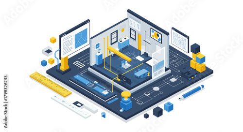 isometric design process for smart home technology and construction visualizing architectural planning with digital blueprint data flow.