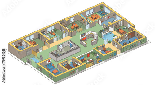 isometric floor plan of a large modern house showcasing the interior arrangement and furniture ideal for architectural visualization and home design projects