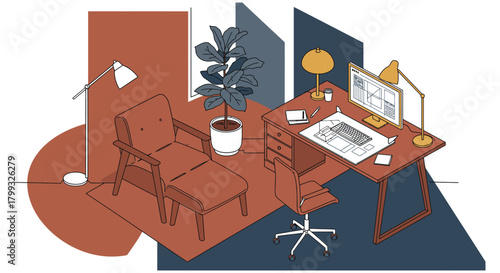 isometric illustration of a modern home office with productive workspace and relaxing lounge for interior design concepts.