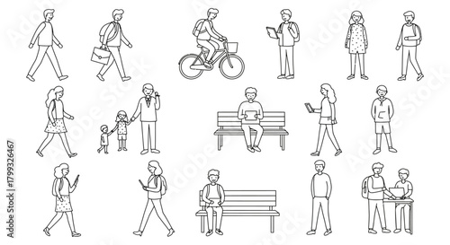 line art diverse human figures in daily activities walking cycling using tech for modern lifestyle and graphic design.