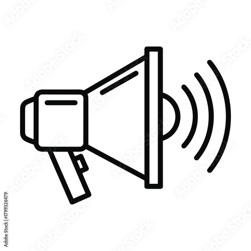 Simple line art icon of a megaphone emitting sound waves representing announcement or loud message