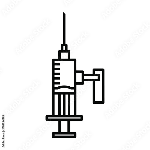 Medical syringe with needle and plunger representing vaccination injection or liquid medicine administration in a clean line art illustration