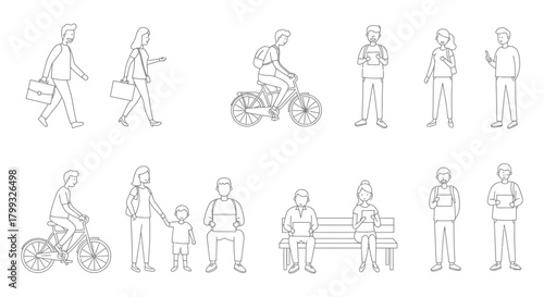 line art outline illustrations of people in daily activities and poses including walking cycling and using devices ideal for ui.