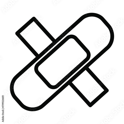 Simple black and white line art illustration of two adhesive bandages crossed over each other forming an x shape representing first aid