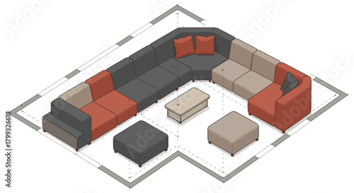 l-shaped modular sofa arrangement with coffee table and ottomans within an isometric room layout ideal for modern interior design concepts.
