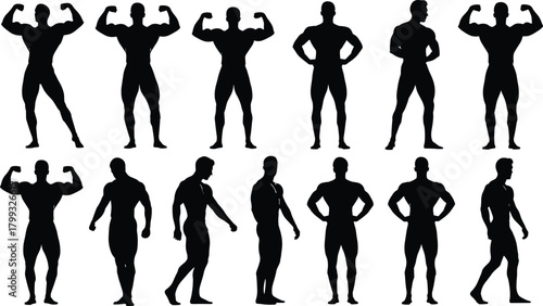 Illustration of silhouette collection of muscular men posing isolated on set of male bodybuilder silhouettes in different poses vector illustration of fitness models